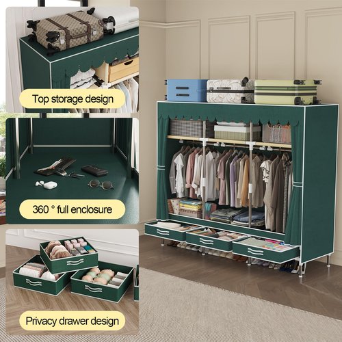LEAIJIAFY Portable Wardrobe Closet, Durable Closet with Cover for The Armoires Organization, Metal Frame with Green Non-Woven Fabric,Portable Closet with Cover; 3 Drawers