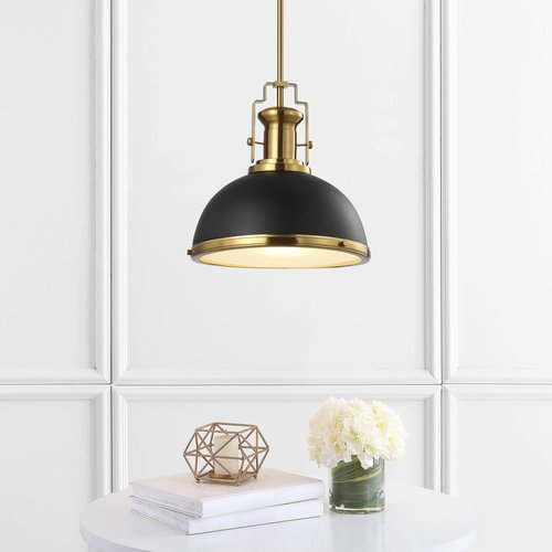 JONATHAN Y JYL9536A Homer 13" 1-Light Modern Industrial Iron LED Dome Pendant, Classic, Cottage, Farmhouse, Industrial, Rustic, Transitional, Office, Living Room, Kitchen, Foyer, Black/Brass Gold