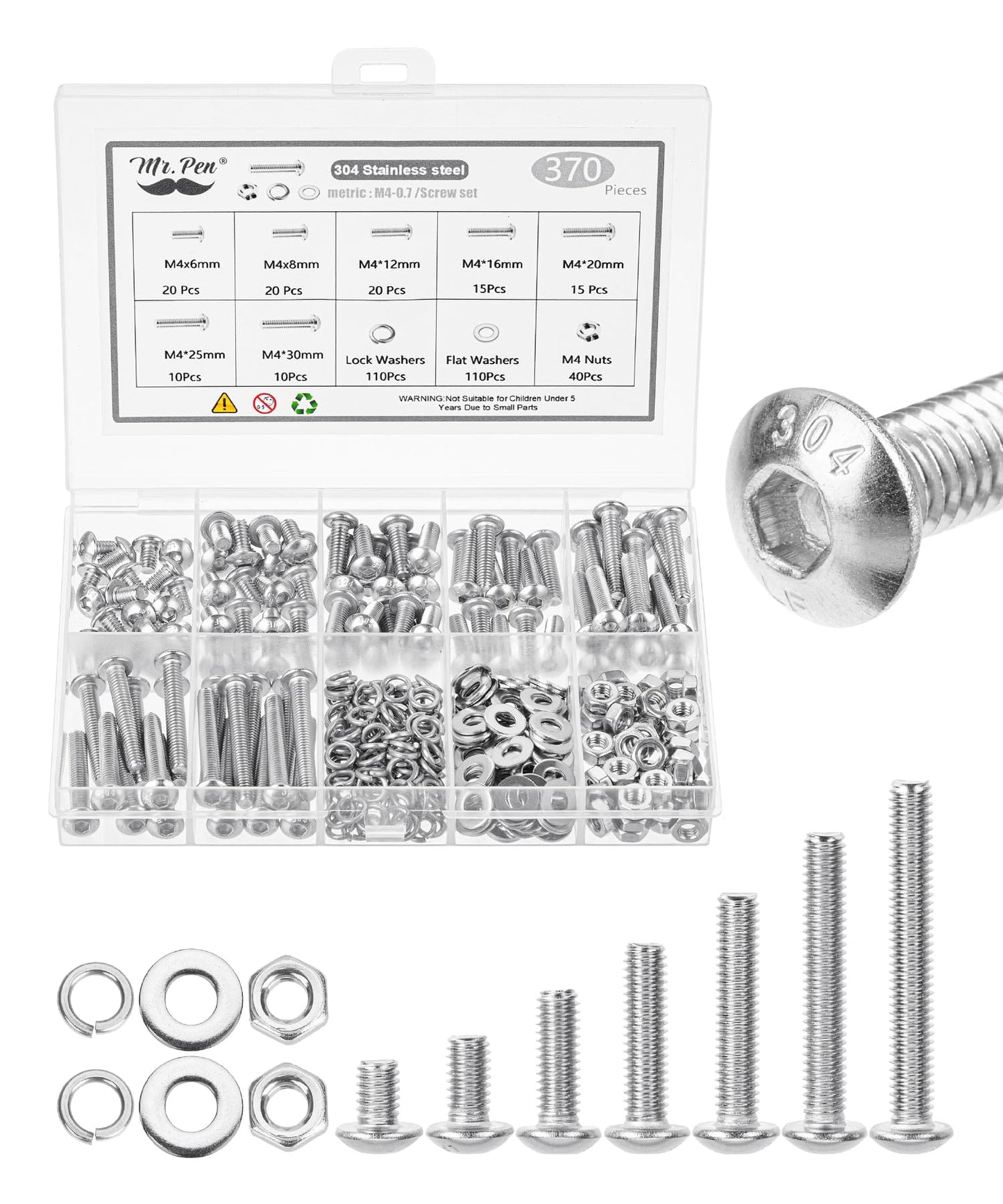Mr. Pen- Nuts and Bolts Assortment Kit, 370 pcs, Stainless Steel, M4 Screws(7 Sizes 6-30mm) Button Head Socket Cap, M4 Bolts and Nuts Kit with Clear Storage Box