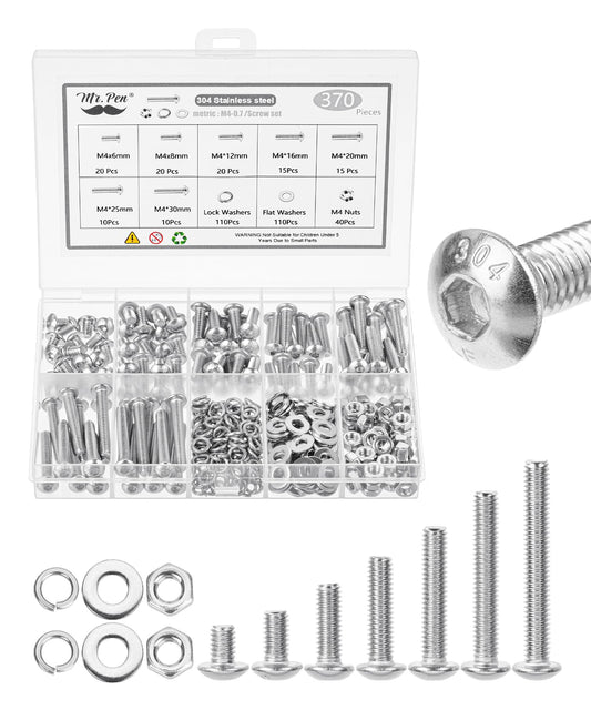 Mr. Pen- Nuts and Bolts Assortment Kit, 370 pcs, Stainless Steel, M4 Screws(7 Sizes 6-30mm) Button Head Socket Cap, M4 Bolts and Nuts Kit with Clear Storage Box