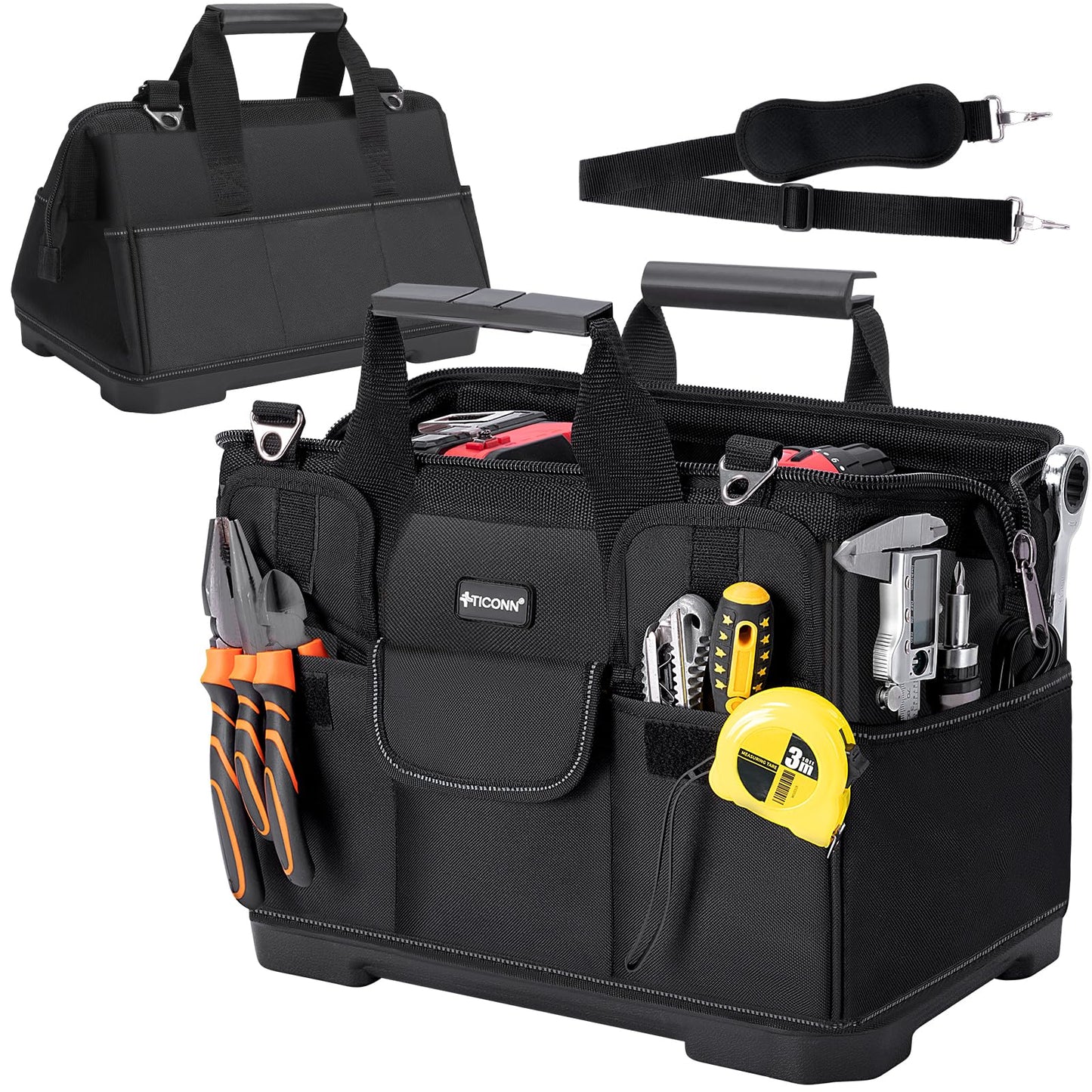 TICONN Heavy Duty Tool Bag with Multi-Pockets, Portable Tool Box Organizer Storage Bag, with Adjustable Shoulder Strap and Ergonomic Handle (Black, 16" Molded Base)