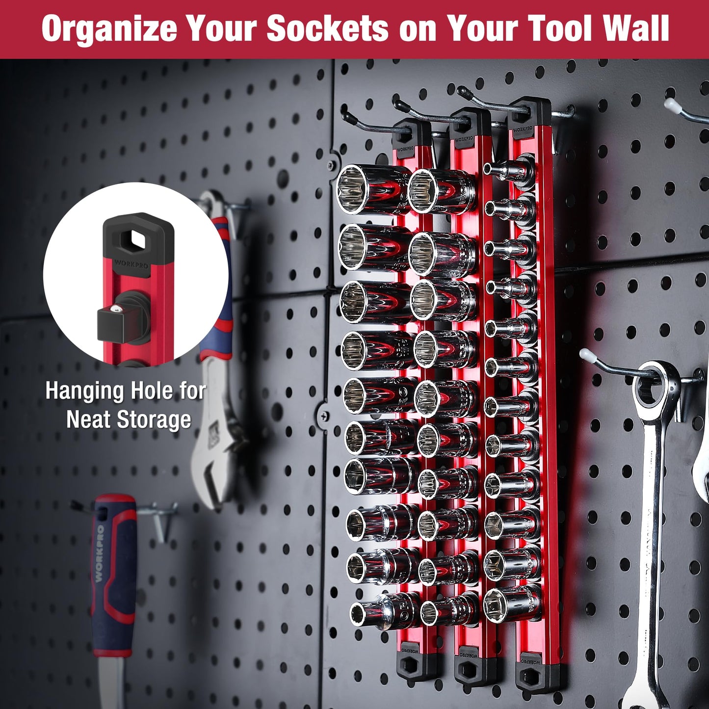 WORKPRO Magnetic Socket Organizer, 1/2-Inch Drive Aluminum Alloy Sockets Rail, Heavy Duty Sockets Holder, Socket Rack Kit 1/2-Inch x 10 Clips (Red)