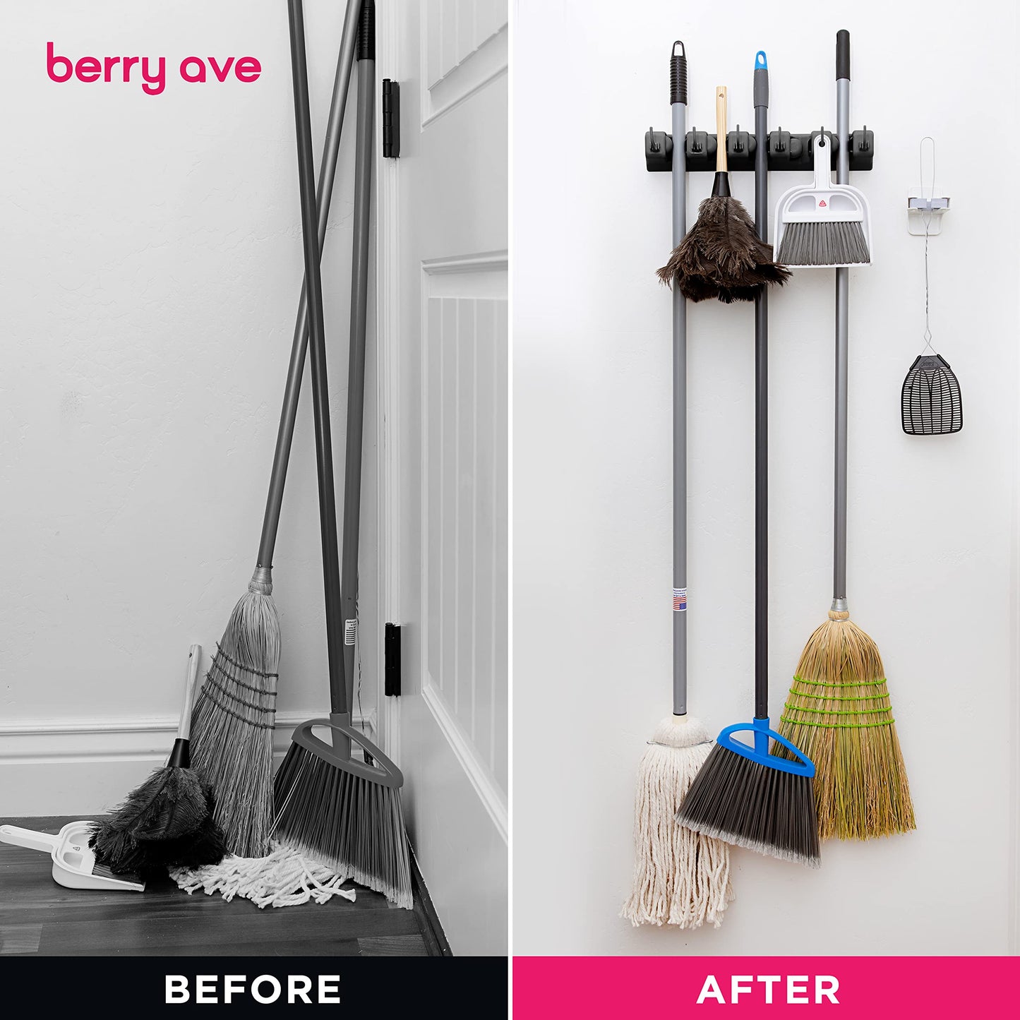 Berry Ave Broom Holder & Wall Mount Garden Tool Organizer- Kitchen, Closet, Garage & Laundry Room Storage With 5 Slots And 6 Hooks- Wall Holder For Broom, Rake & Mop Handles Up To 1.25” [Beige 2-Pack]