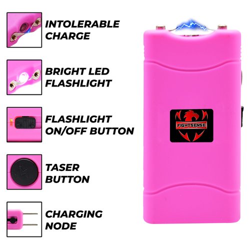 FIGHTSENSE Super Heavy Duty 35 Billion Mini Stun Gun for Self Defense with Bright Led Flashlight, Rechargeable Battery, Nylon Holsters with Belt Loop for Easy Cary (Pink)
