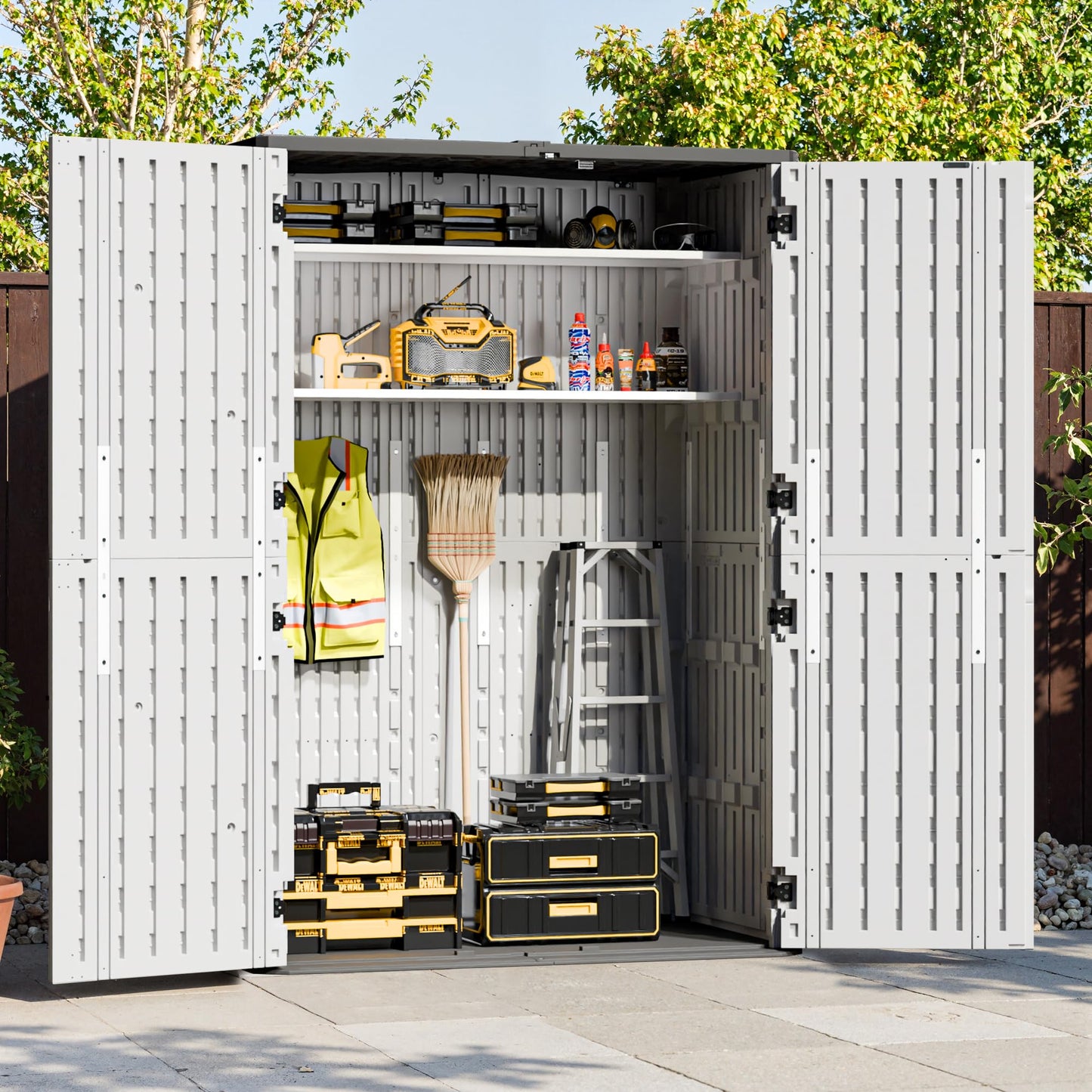 WillowLume 65 Cu.Ft Outdoor Storage Shed, Lockable Outdoor Vertical Resin Storage Cabinet with Floor, All-Weather Waterproof Shed for Garden, Backyard, Pool (65 cu ft - 2 Shelves)