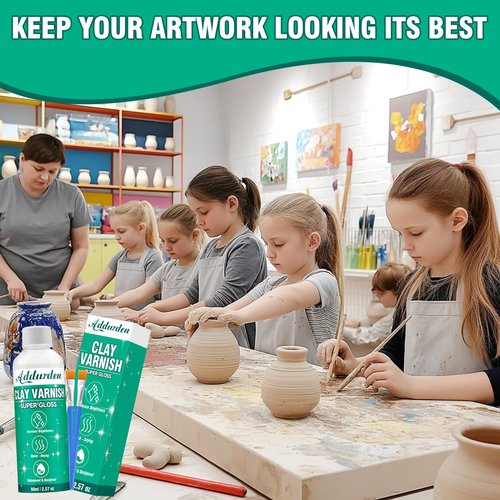 Addurden Air Dry Clay Varnish Glaze with 2 Brushes, Polymer Acrylic Varnish for Ceramics, Oil Painting, Wood, Waterproof, Preventing Crazing & Yellowing, High-Gloss Effect (Varnish-60ml)