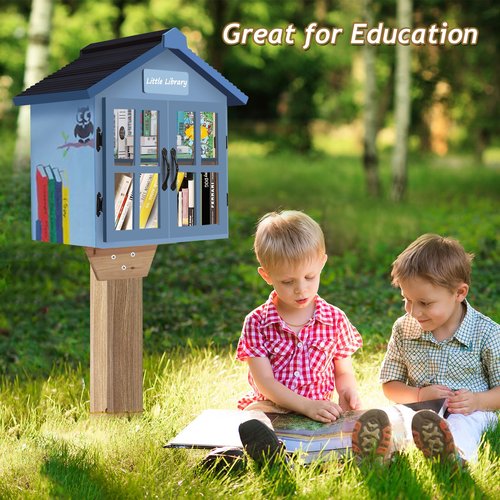 Amcortn Little Library Box Outdoor Free Library Kit, Updated Double Doors Literature Little Library Box, Wood Cabinet Book Storage for DIY Nameplate, Neighborhoods, Community, Schools Sharing Books