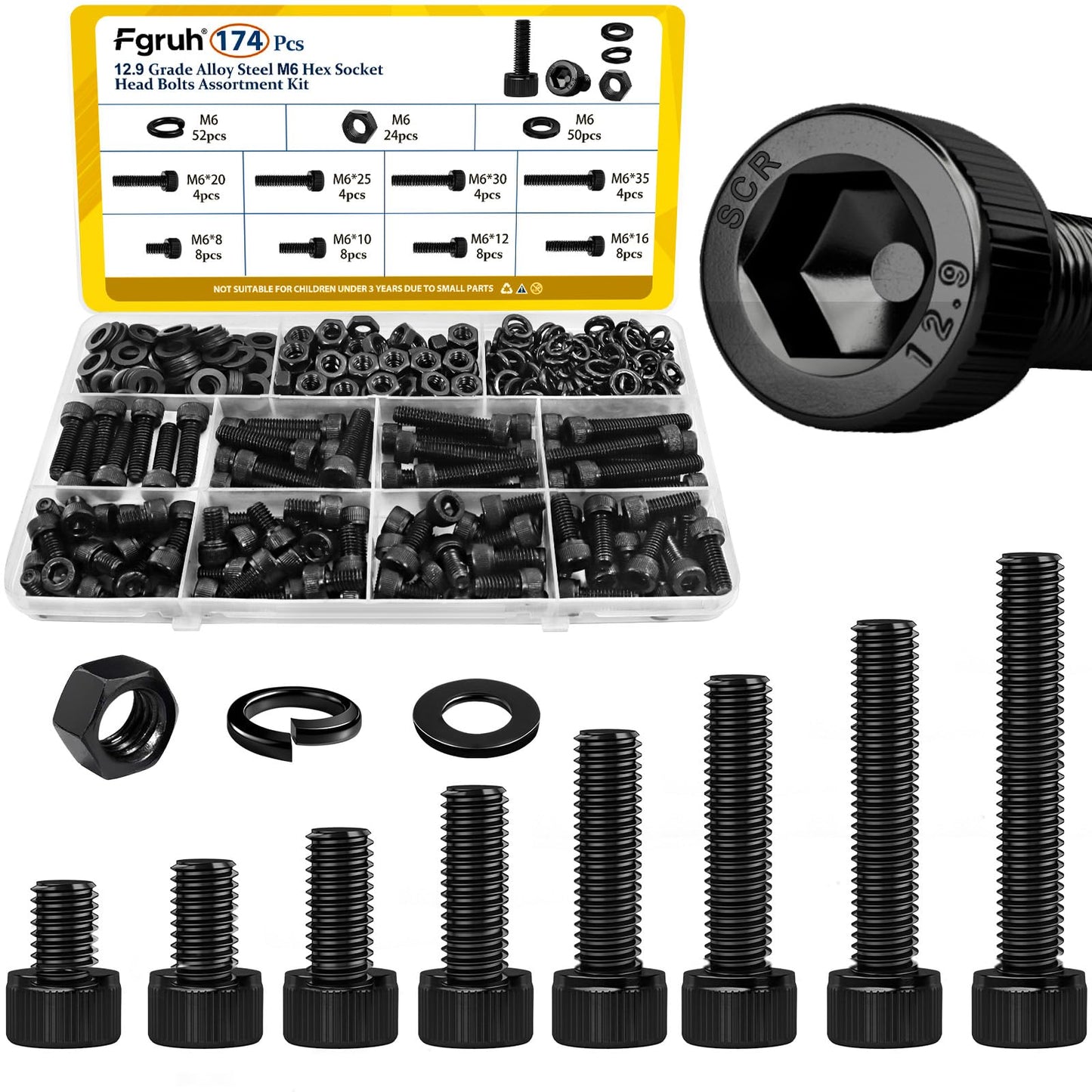 Fgruh 174PCS M6 Screws with Nuts Assortment Kit - M6x8/10/12/16/20/25/30/35 mm Hex Socket Head Cap Bolts with Nuts & Washers Assorted Set - 12.9 Alloy Steel Black Zinc Plated Anti-Rust Hardware Set