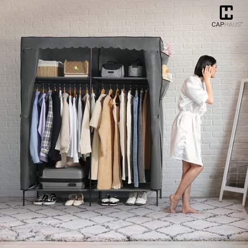 CAPHAUS 55-Inch Clothing Rack with Cover, Portable Closet Wardrobe, Covered Garment Rack for Hanging Clothes, 190LB Capacity Heavy-Duty Metal Frame Clothes Organizer Rack with Storage Shelves
