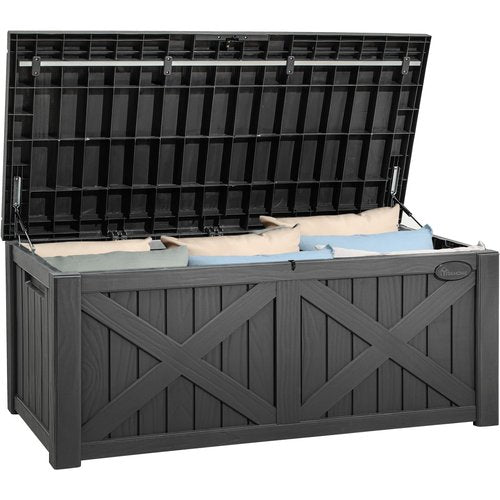YITAHOME 120 Gallon Large Deck Box with X-Shaped Front, Resin Outdoor Storage Boxes, Waterproof Cushion Storage Bench for Patio, Pool Supplies, Garden Tools - Lockable, Dark Gray