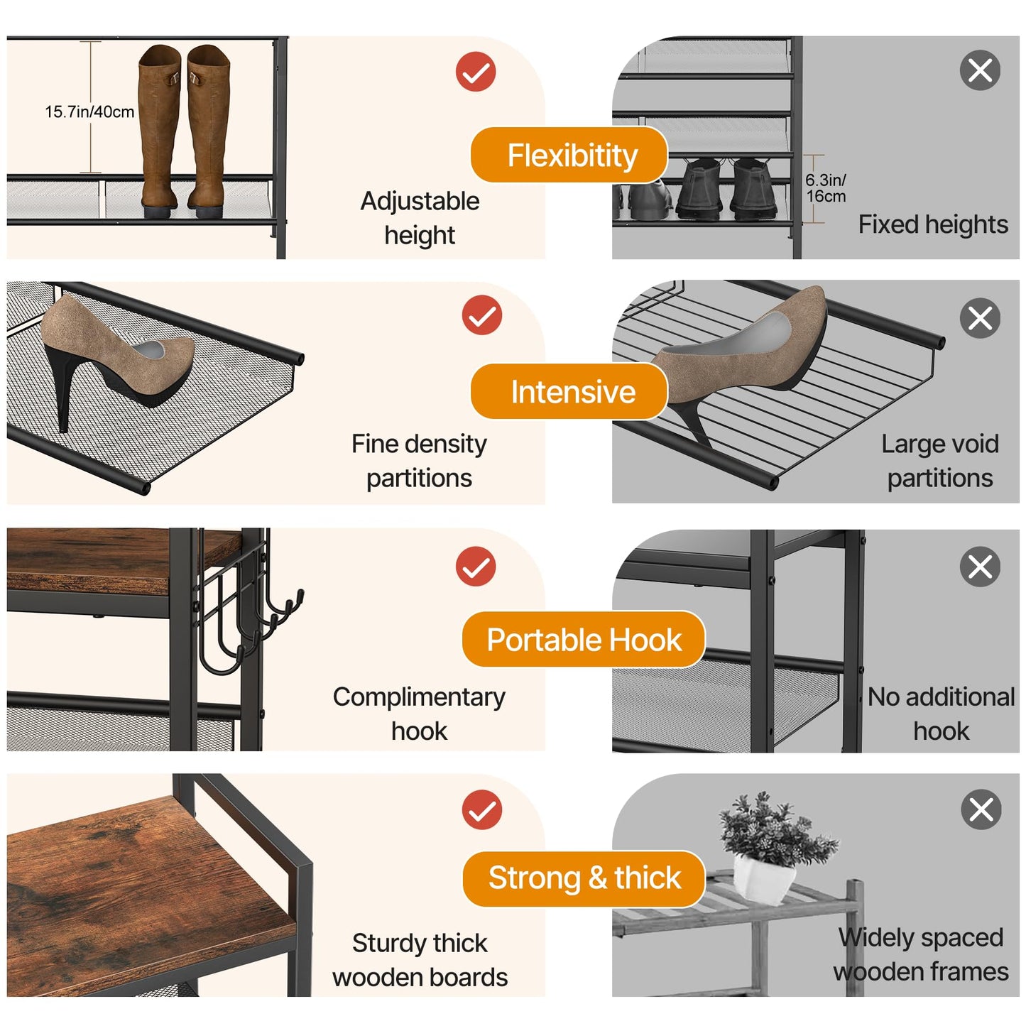 neatevday 4 Tier Shoe Rack, Shoe Rack for Front Door Entrance with Hook, Shoe Organizer with Adjustable Mesh Shelves, Metal Shoe Rack for Entryway, Closet, Bedroom Living Room Garage