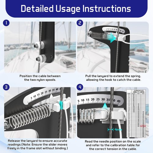Sailboat Rigging Tension Gauge, PT-1M Professional Tension Gauge - Accurate Rigging Tool for Optimal Sail Performance, Wire Rope Standing Rigging for 2.5, 3, and 4 milimeter Cable Diamete, 360kg