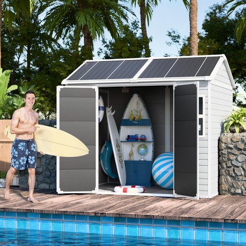 CDCASA 8x6 FT Resin Shed, Waterproof Large Outdoor Storage Sheds with Floor & Lockable Door, Plastic Tool Shed for Outside, Backyard, Patio, Poolside, Bike
