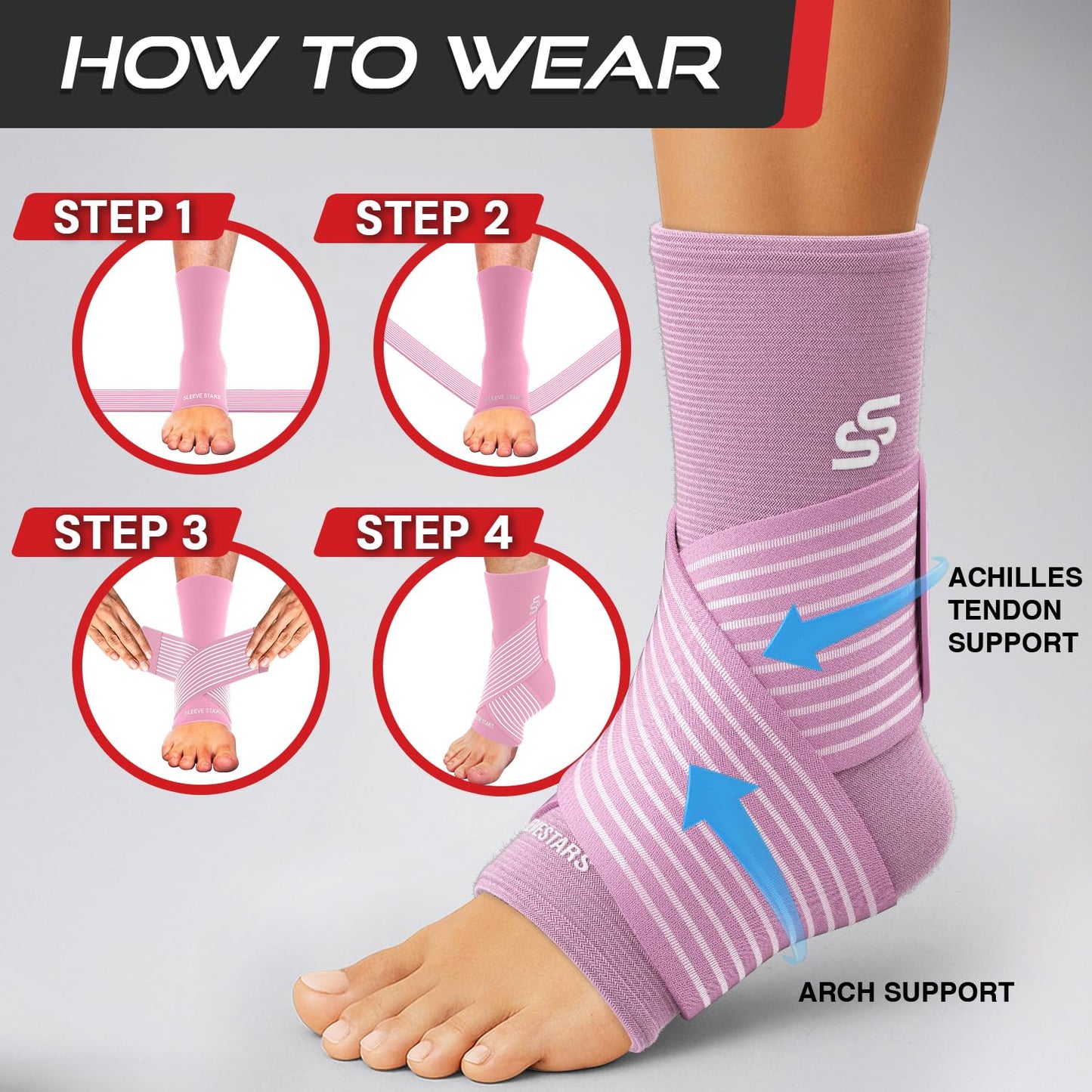 Sleeve Stars Ankle Brace for Women & Men, Ankle Wrap for Sprained Ankle, Compression Sleeve for Plantar Fasciitis Relief, Easy Customizable Support: w/Removable Strap (Single/S:9"-10"/Baby Pink)
