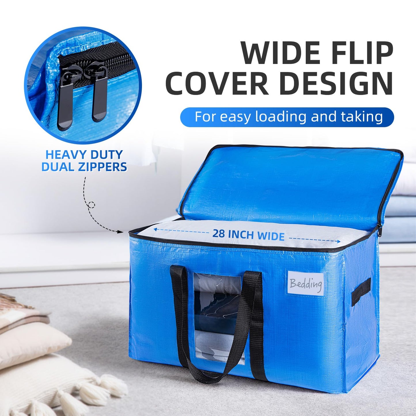 TAILI Extra Large Moving Bags, 4 Pack Blue Heavy Duty Totes For Storage with Visible Window, Wrap Around Handles, Storage Bags for Space Saving, Alternative to Moving Boxes