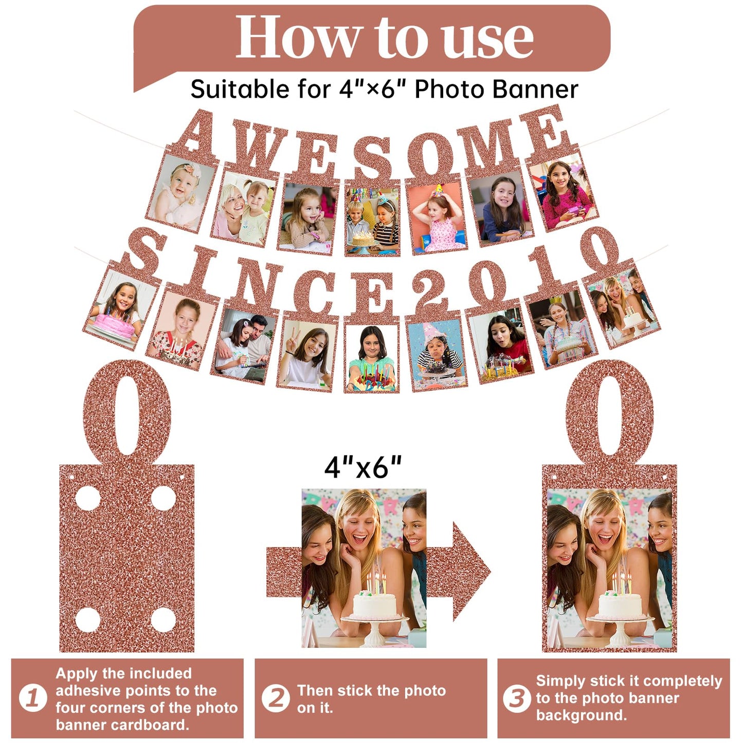 Pre-strung Awesome Since 2010 Photo Banner Birthday Decorations for Girls Women- Pink Rose Gold Glitter Sweet 16th Birthday and Anniversary Decorations Party Supplies