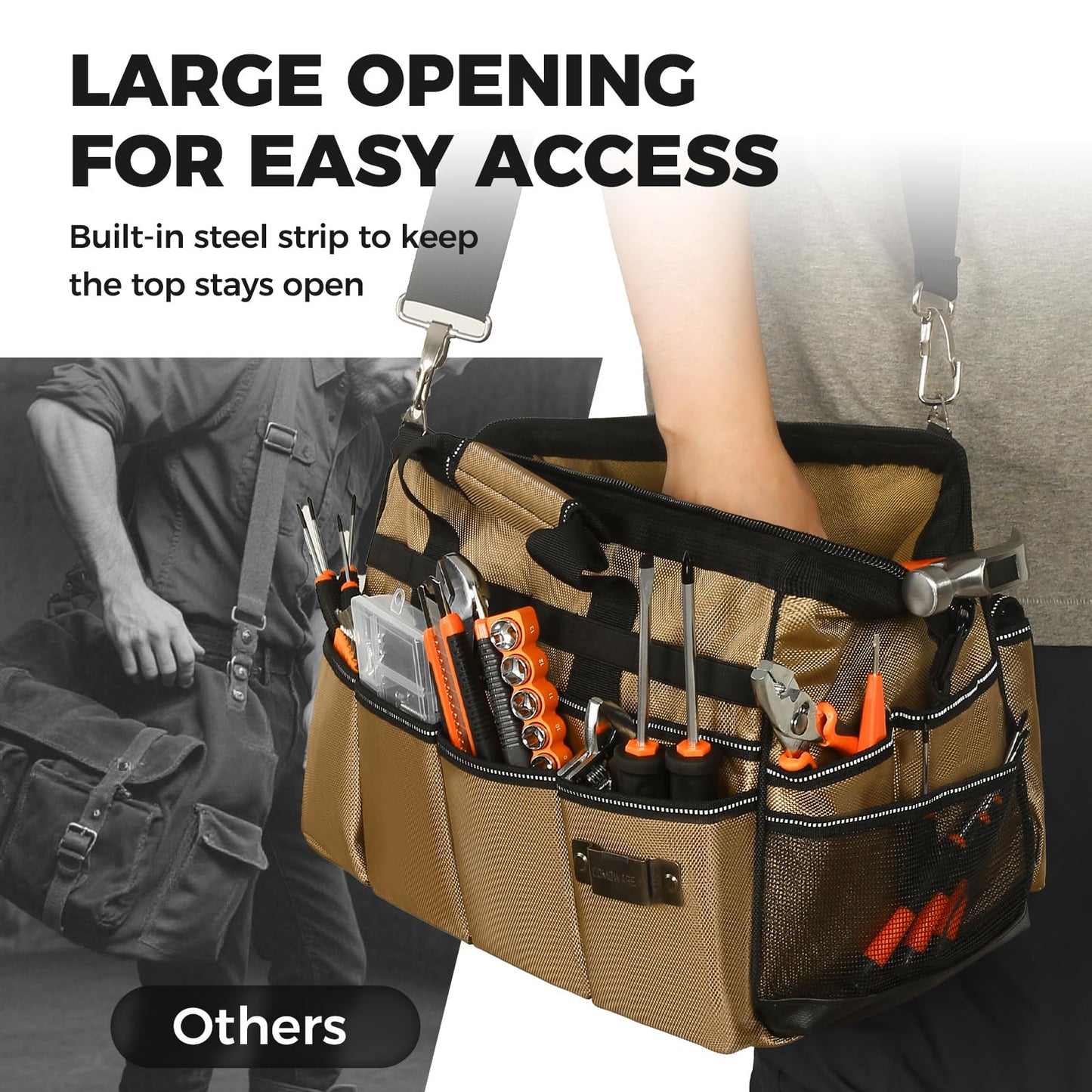 COMOWARE 16" Tool Bag, 19-Pocket Heavy Duty Tool Organizer with Adjustable 51.2" Shoulder Strap, 1680D Oxford Fabric & PVC Coating, Reflective Strips, Tactical Loops, Mechanics, Plumbers, DIY