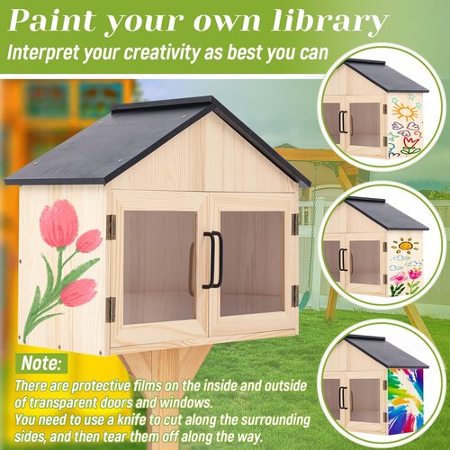 Wonderjune Wooden Little Library Box Outdoor Free Library, Large Size, Double Door Box Storage with Floor Plugs and Small Flower Fence for DIY Neighborhoods, Community, Literature, Newspapers