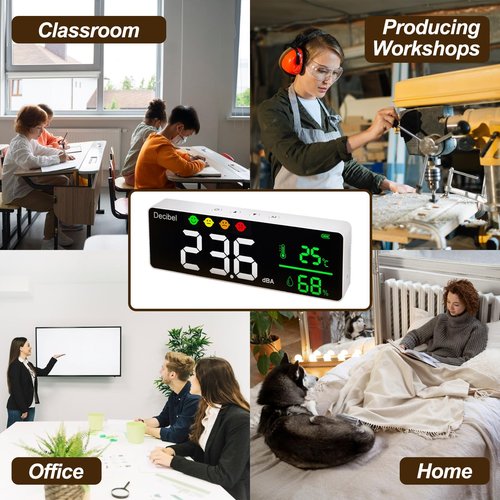 Sound Decibel Meter Wall, Sound Level Meter Wall Hanging, Classroom Noise Meter, 30-130db Decibel Meter Sound, Large LED Display Noise Temperature Humidity Meter for Classroom, Studio, Home, Factory
