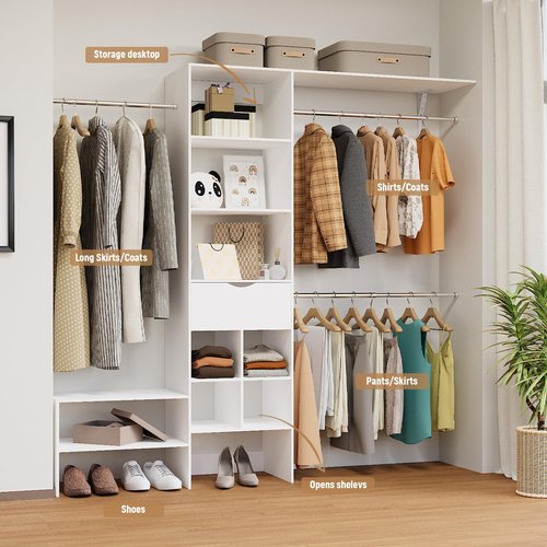 Benass Wood Closet Organizer System, Closet Organizer with 3 Hanging Rods & 1 Wooden Drawer – Adjustable Closet System for Walk-In Closets, Wood Shelves, Fits Spaces 3-8ft, Pure White