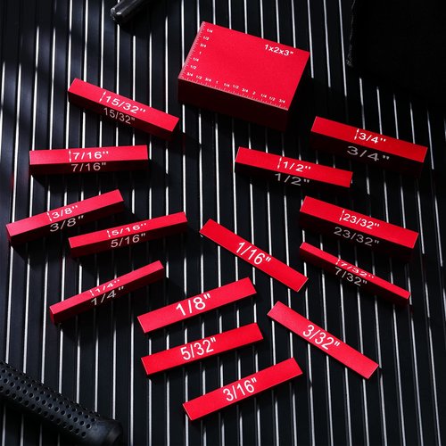 Setup Blocks Height Gauge Set, 15 Pieces Aluminum Block Precision Saw Kit Drill Press Table Router Setup Blocks Woodworking Tool Bars Accessories Laser Engraved Size Markings(Red)