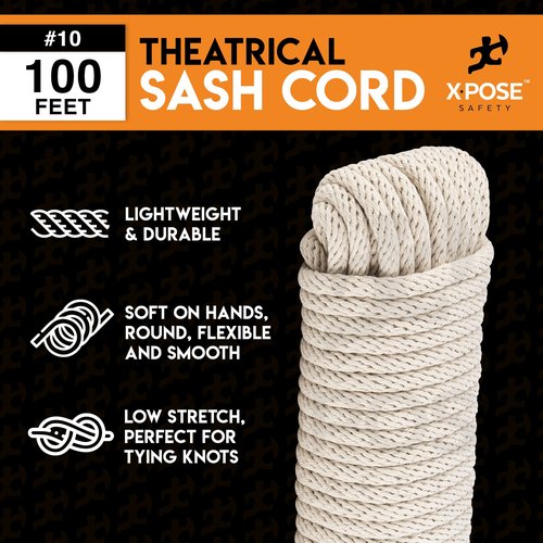 Xpose Safety #10 Sash Cord – 5/16 Inch x 100 Ft – White Cotton Rope with Nylon Core – Low Stretch Utility Cord for Window Sash, Tie Down, Clothesline, Camping, Rigging, DIY, Crafts, Home Improvement