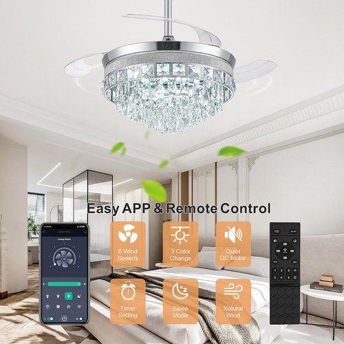 42” Fandelier Ceiling Fan with Light, Chandelier Ceiling Fans with Lights, Crystal Ceiling Fans for Bedroom Living Room, LED Dimmable, 6 Wind Speed,3 Color Temperatures-Chrome