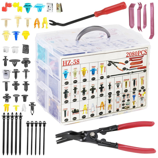 2080Pcs Car Retainer Clips & Fasteners Kit – 33 Universal Sizes Nylon Bumper, Fender Rivets, Door Panel Clips, and Plastic Rivets with 10 Cable Ties and Removal Tool for Toyota, Ford, Benz (2080pcs)
