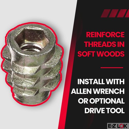 E-Z LOK Knife Threaded Insert for Soft Wood, Zinc Hex-Flush Thread Inserts 10-24 Internal Threads, 0.512" Length Pack of 50
