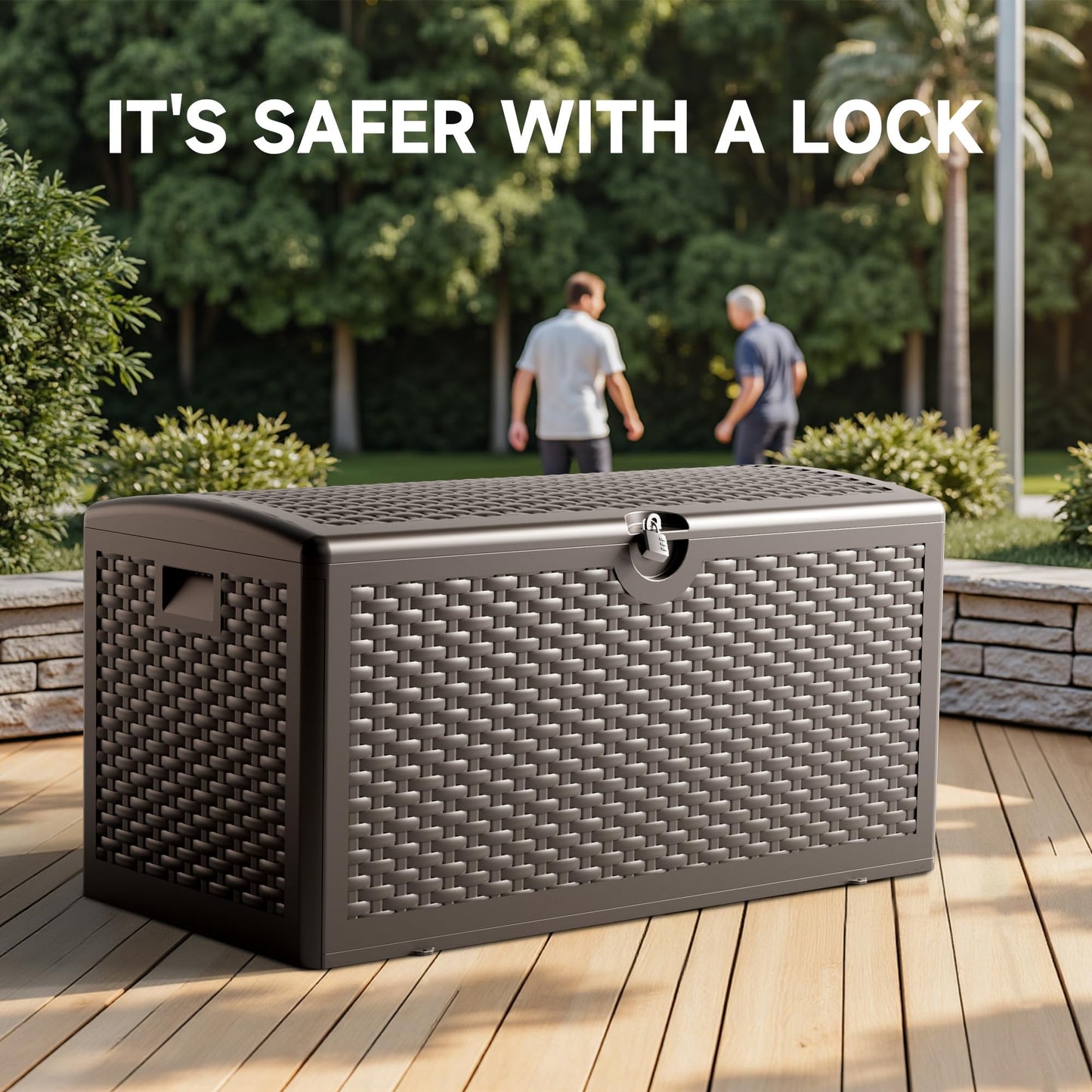 Ortus Collective 90 Gallon Deck Box, Lockable & Waterproof Resin, UV Resistant Storage Box for Patio, Garden, Pool, Brown