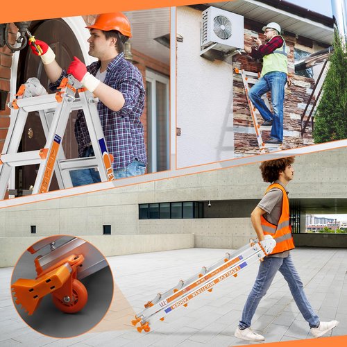 LEVELEVE 17FT Multi Position Ladder,A Frame 5 Step Ladder with Stabilizer Bar & Wheels,330 lbs Security Load Extension Ladder for Stairs Home Indoor Outdoor Roof
