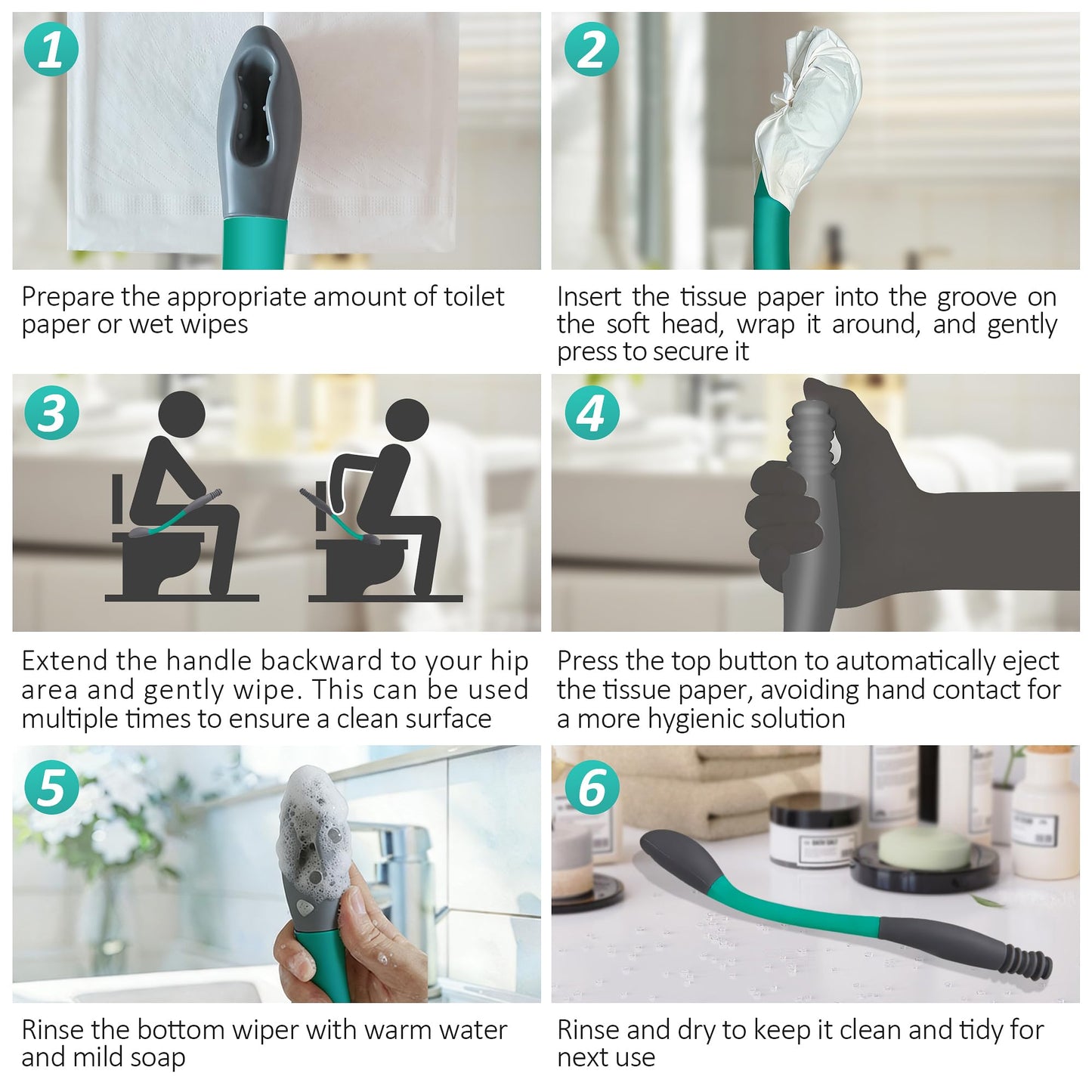 Butt Wiper Tool, 15.7" Long Reach Bottom Buddy Wiping Aid, Toilet Aid for Disabled, Overweight, Limited Mobility, and Those Recovering from Back Surgery, Enables Independence and Dignity
