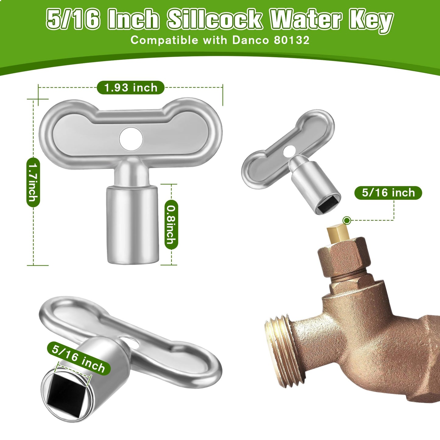 Enhon 6 Pack 5/16 in Sillcock Water Key Compatible with Danco 80132, Water Spigot Key, Square Stem Outdoor Faucet Handle Fits 8x8mm Square Broach Shut Off Valve (Silver)