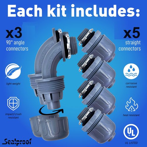 Sealproof 1/2-Inch Non-Metallic Liquid-Tight Conduit and Connector Kit, 50 Foot Made in USA Flexible Electrical Conduit Type B with 5 Straight and 3 90-Degree Conduit Connector Fittings, 0.5" Dia