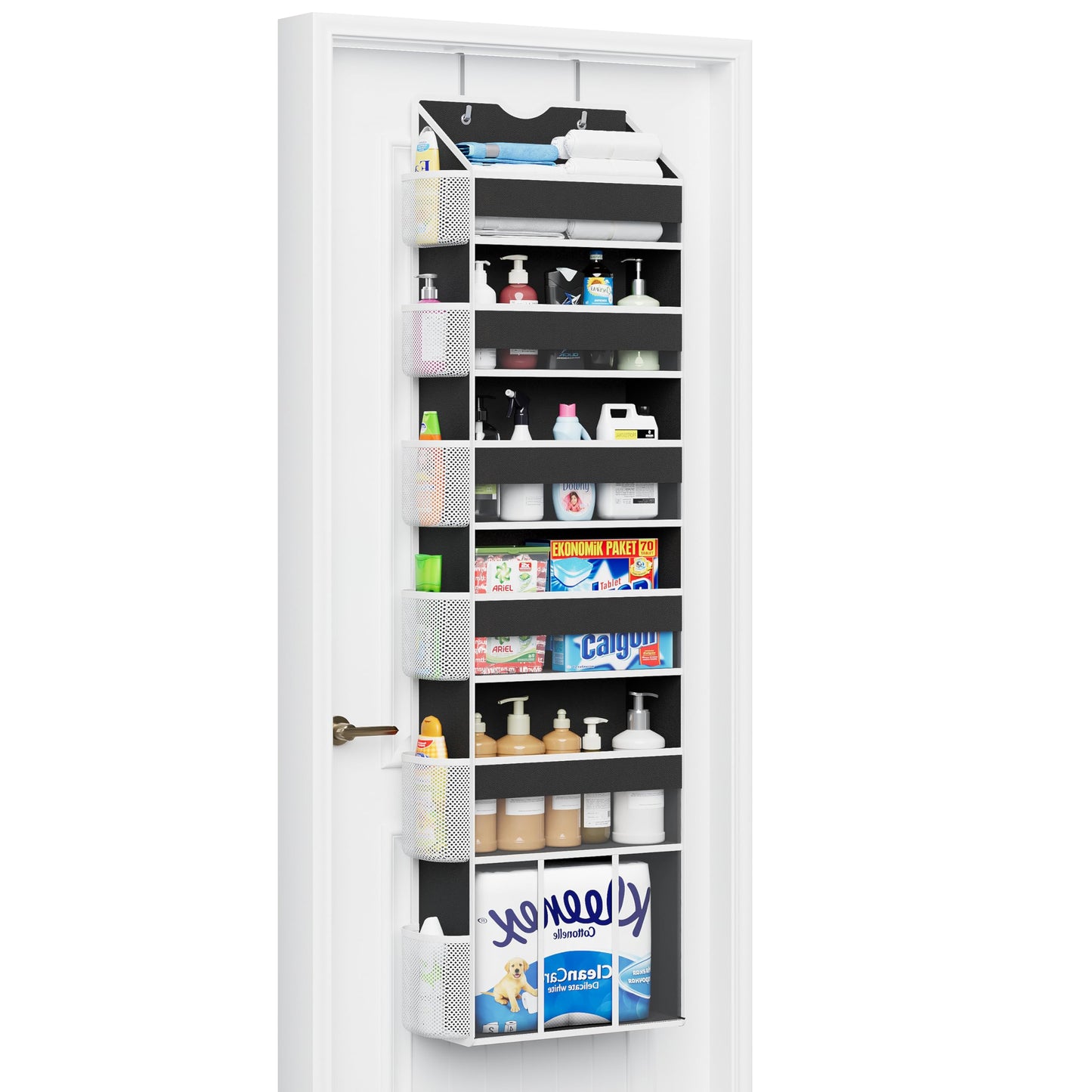 GGUO Over The Door Organizer Hanging - 6 Shelf Over Door Organizer with 6 Clear Front & 12 Side Pockets - 50LB Load Behind Storage for Closet Bedroom Bathroom Nursery Baby Essentials(Black)