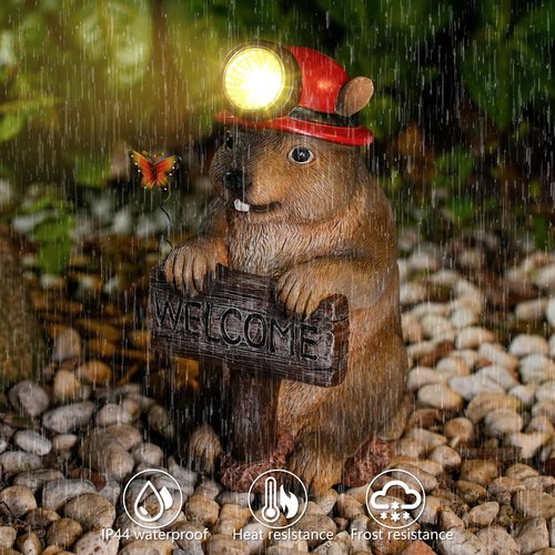 TOLIMI Groundhog Welcome Garden Statue with Solar Headlamp – Funny Animal Outdoor Yard Decor with LED Light and Butterfly – Waterproof Resin Garden Ornament for Patio, Lawn, Pathway