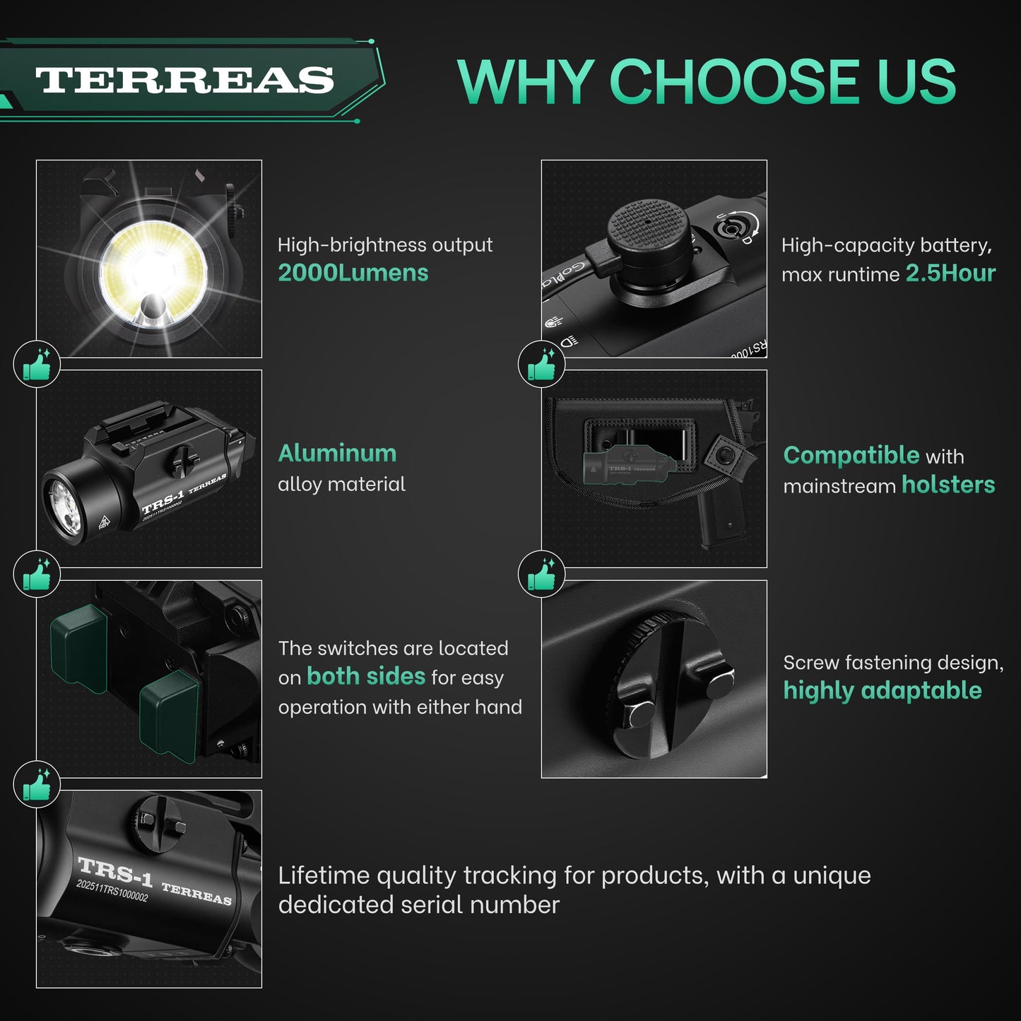 Terreas Upgraded 2000 Lumens Magnetic Rechargeable Weapon Light & Green Laser Combo, Aluminum Alloy Tactical Flashlight with Adjustable Rail, Strobe Mode, Fits Most Picatinny/GL Rail & Holsters