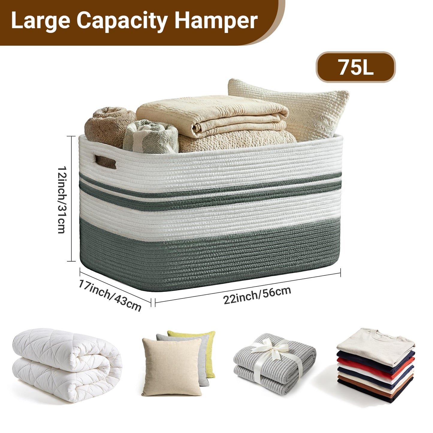 HOBASKET 75L Large Blanket Basket, 22"x17"x12"Rectangle Cotton Rope Woven Storage Basket with Handles, Laundry Hamper for Living Room, Nursery, Bedroom - Chemical-Free, Kid & Pet Safe - Sage Green