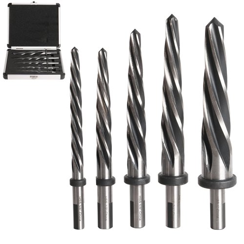 5PCS M2 HSS Taper Chucking Reamer Set 3/8",1/2",5/8",3/4",1 Fit 1/2" Round Shank Construction Reamer Drill Bit Bridge Also for Wood Alloy Steel Metal Align The existing Hole and Expand The Reamer