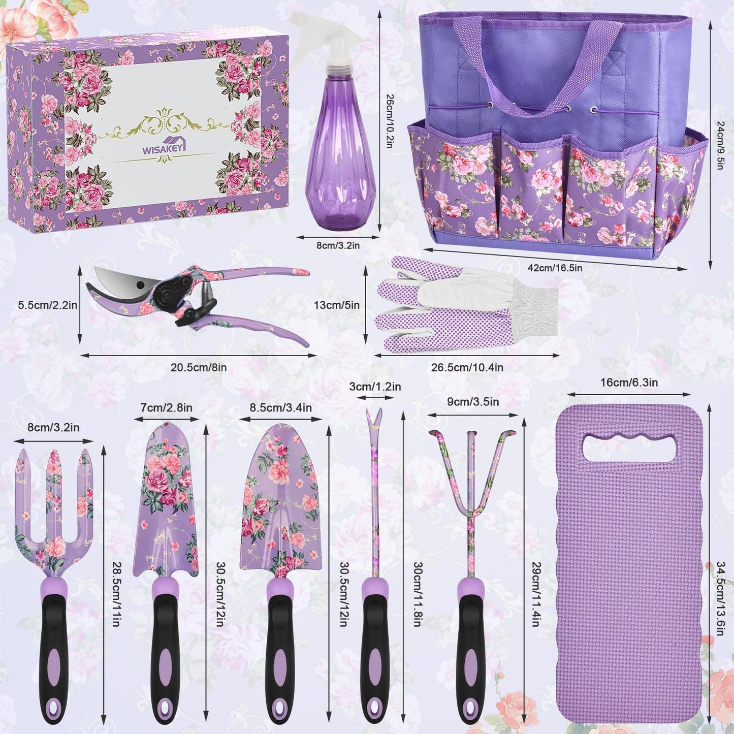 Gardening Tools, WisaKey 10 Piece Heavy Duty Purple Garden Tool Set with Handle, Durable Fashion Garden Supplies Organizer Handbag, Garden Hand Tools Gardening Gifts for Women Grandmother Granny