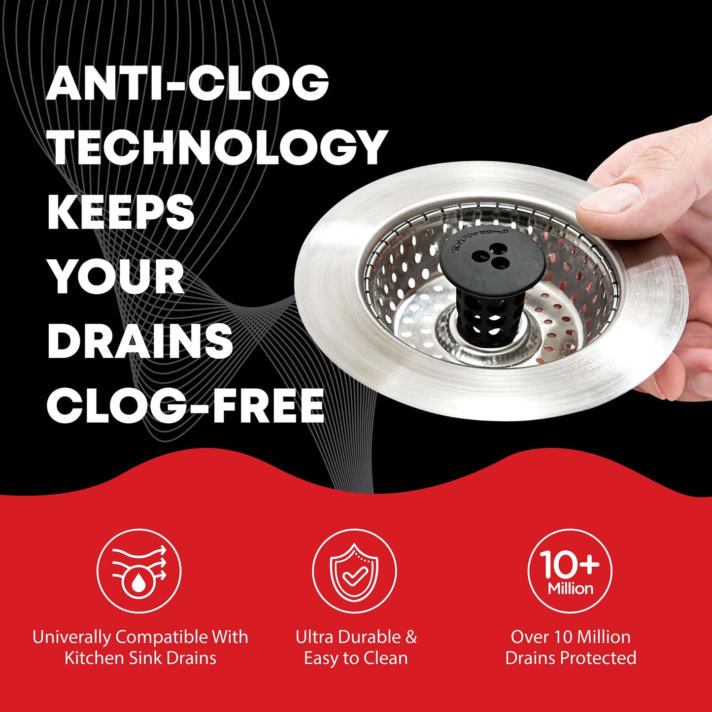 Kitchen SinkShroom Revolutionary Clog-Free Stainless Steel Sink Strainer, Black, 1-(Pack)