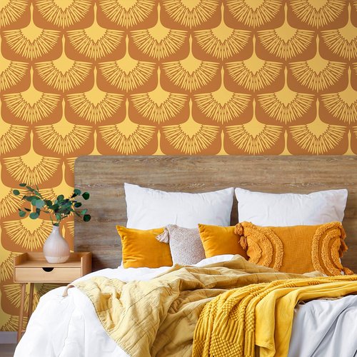 Livelynine Retro Mustard Yellow Bird Wallpaper Peel and Stick Art Deco Crane Wall Paper Removable Contact Paper Waterproof Terracotta Dark Orange Japanese Birds Self Adhesive Wall Covering 17.5x78.8"