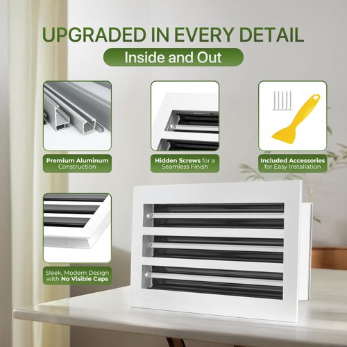 GREEN VENT Modern Air Vent Cover 10x6 (Duct Opening) - Decorative White Aluminum Linear Slot Diffuser for Wall, Ceiling, Floor Register - Quiet Operation HVAC Grille for Home with Adjustable Airflow