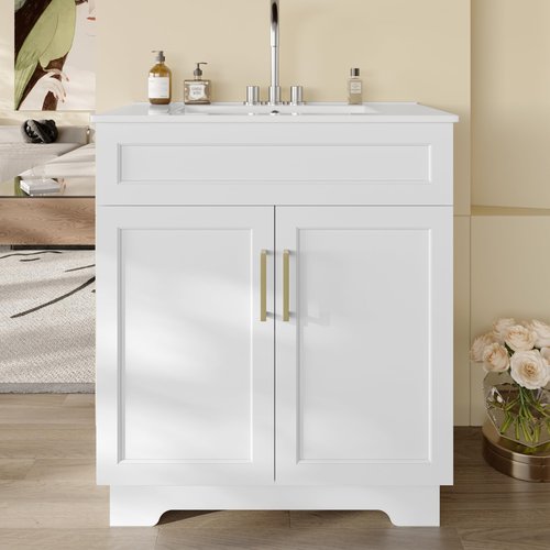 OLD CAPTAIN Bathroom Vanity with Ceramic Sink, 30" Freestanding Quick Assembly Bathroom Vanity Cabinet with Storage, White