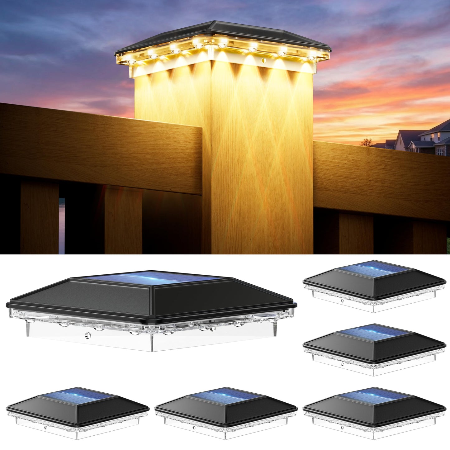 ENSLI 6 Pack 4x4 Solar Post Cap Lights Outdoor, 3 Modes 16 LEDs Fence Post Solar Lights, Focused Lens Deck Fence Post Lights Solar Powered Waterproof Fits 4x4 3.5x3.5 Vinyl Wooden Posts for Deck Porch
