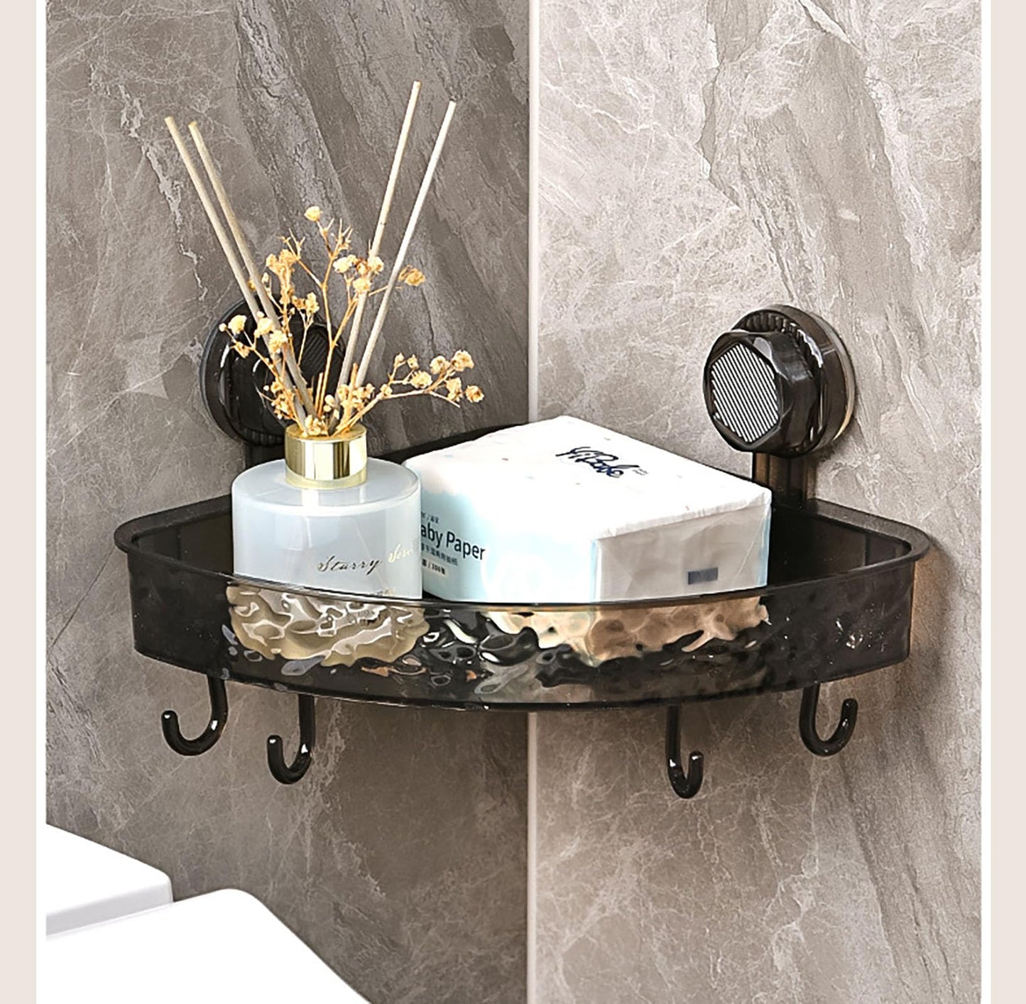 YIKANGHENG Suction Storage Rack, 9 Inch Black Plastic Bathroom Corner Removable Toiletry Storage Rack for Kitchen and Bathroom (Black)