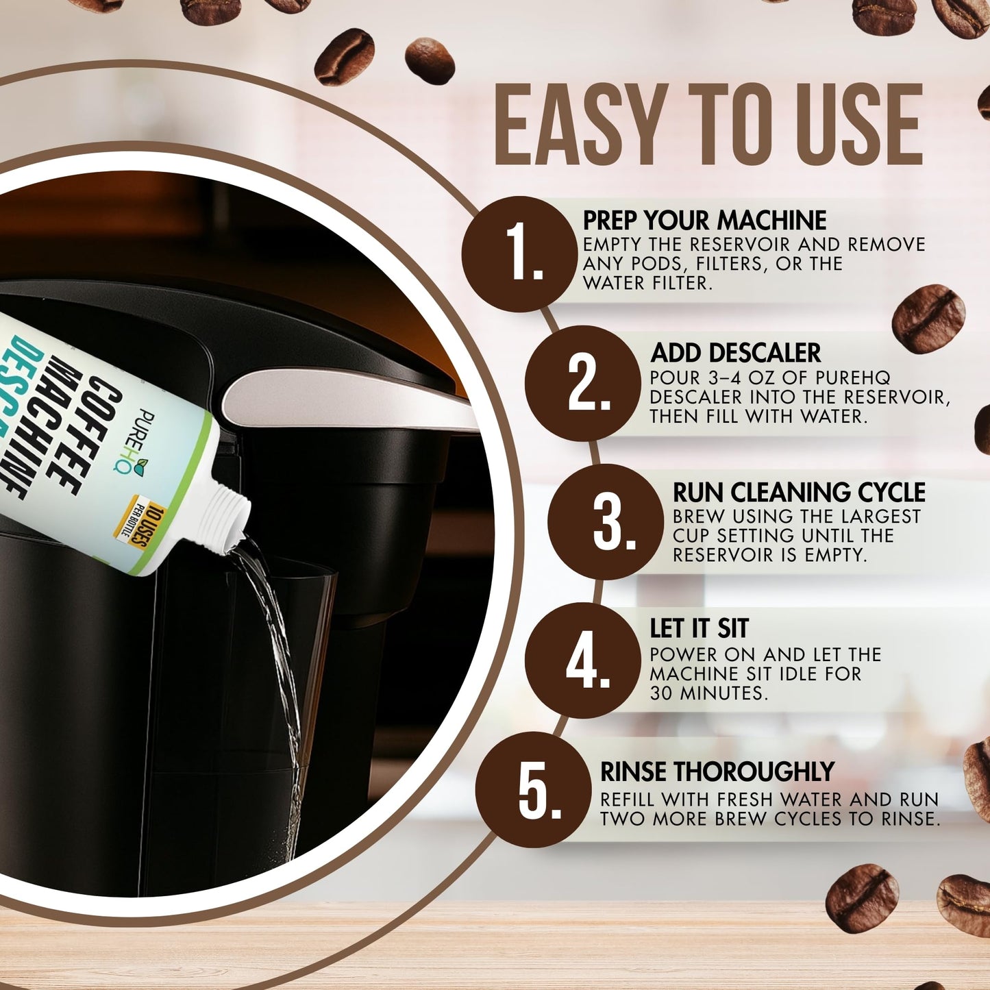 Coffee Machine Descaler - 10 Uses - Keurig Descaling Solution - Universal Descaler for Keurig, Nespresso, Delonghi, Breville, Ninja and All Single Use Coffee and Espresso Machines - Made in USA
