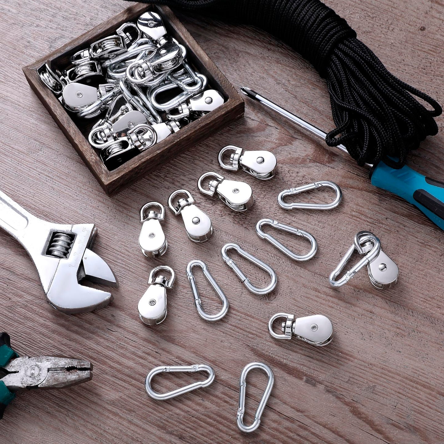 Shappy Pulley Block System Set, M20 Pulley Wheel Stainless Steel with 66ft Nylon Rope and Hooks, Swivel Lifting Wire Rope Cable Roller for Lifting Hanging(42 Pcs)