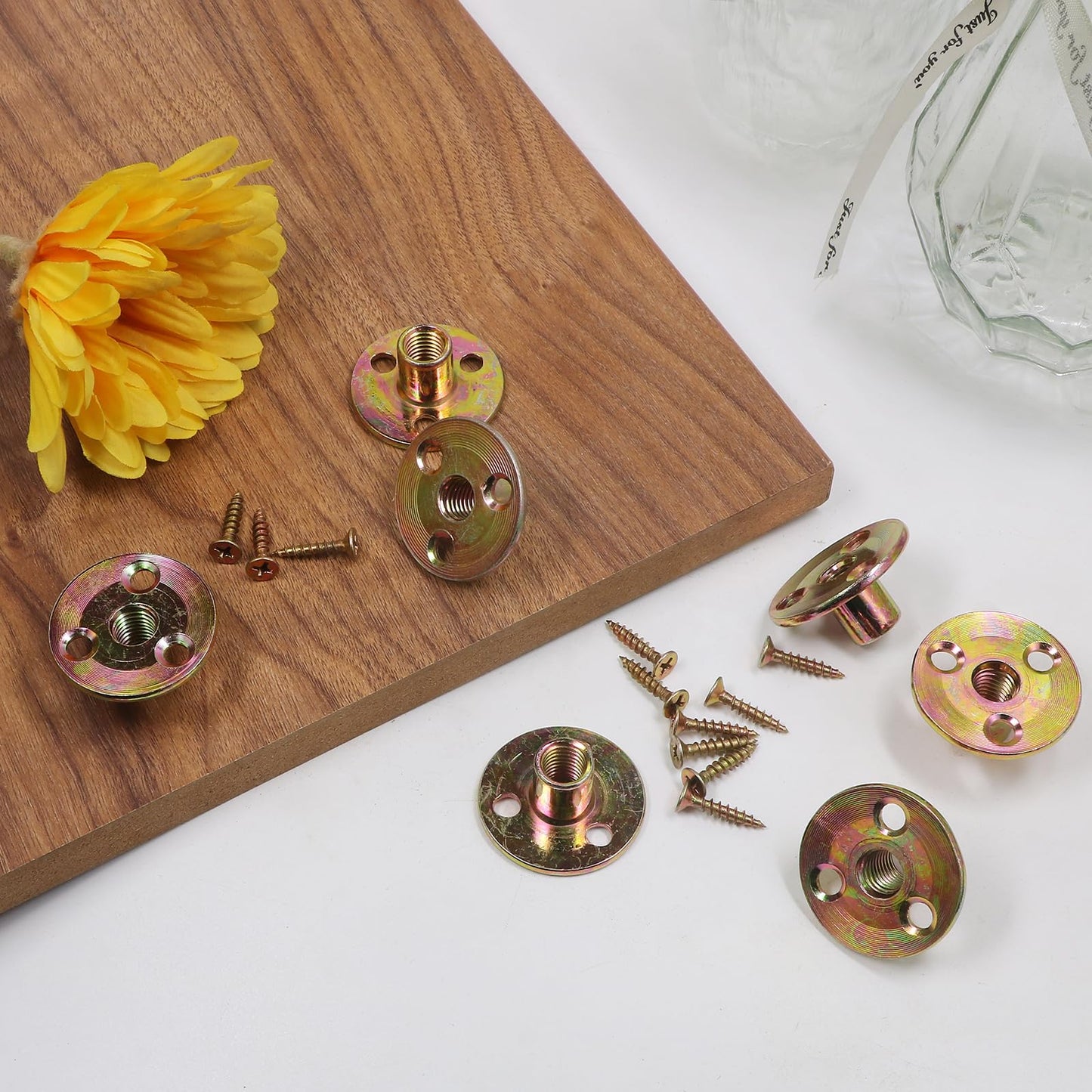 FoDau770 3/8"-16 Brad Hole T-Nut with Screws, Zinc Plated Carbon Steel 3-Hole T-Nuts, Insert Female Thread Mounting Fastener for Wood Furniture and DIY Project - 16 Set (64 Pieces)