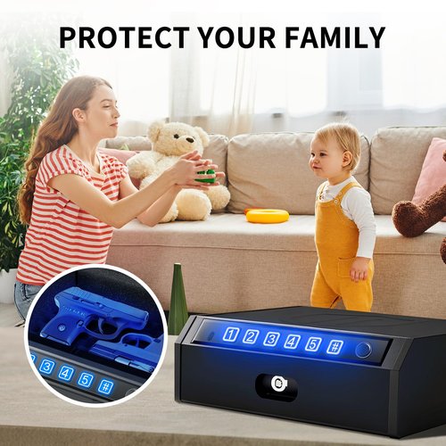 ADIMO Biometric Pistol Safe, Compact Fingerprint Gun Lock Box with Fast Access Keypad & Keys, Quiet Mode, Soft Foam Interior, Childproof and Secure for Home or Bedroom Use